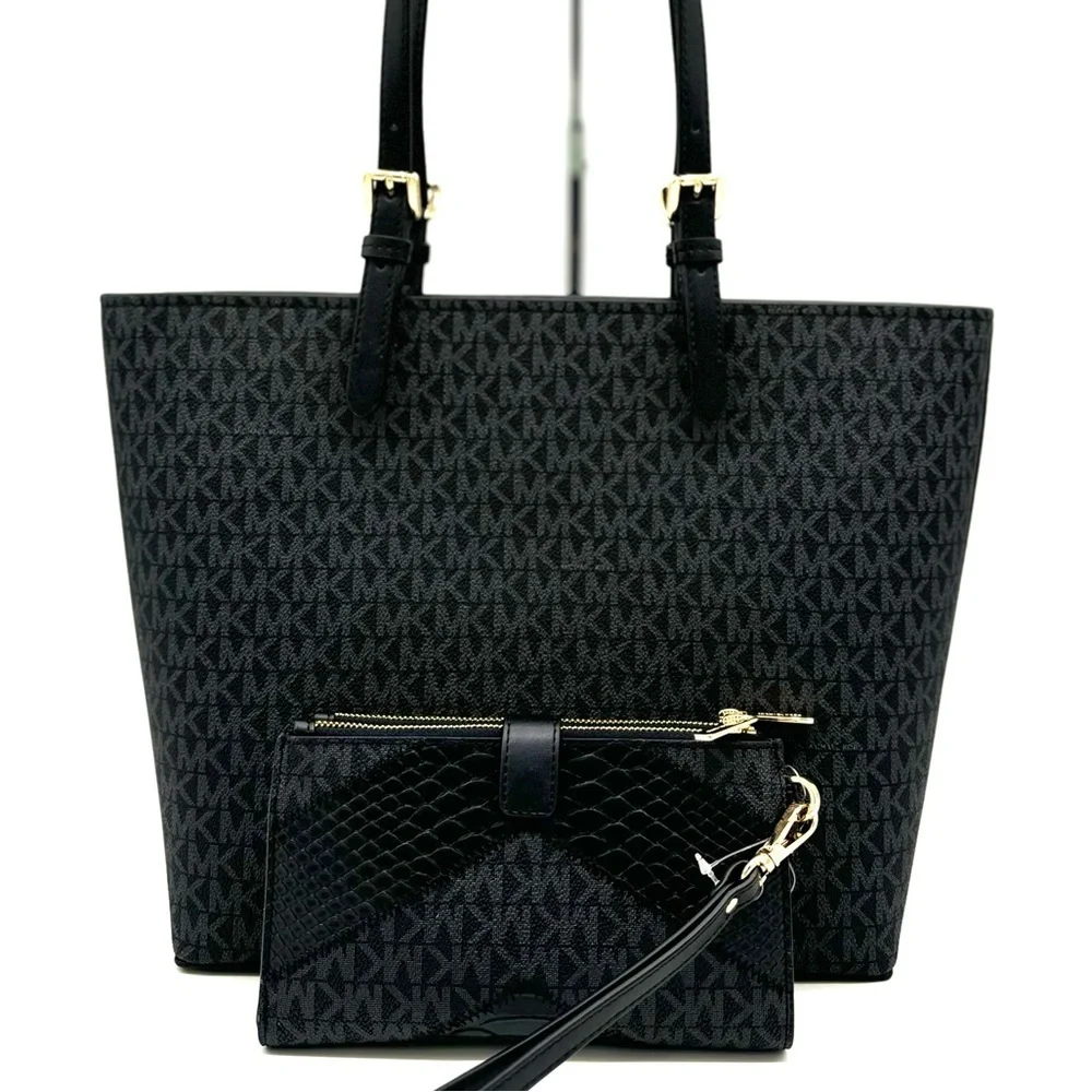 Michael Kors Jet Set Medium Pocket Tote Bag & Double Zip Wallet Black Multi